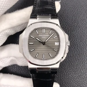 Super Clone Patek Philippe Nautilus 5711G-001 Replica 40mm Slate Grey Dial Black Leather Strap Automatic Watch Front View