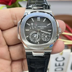 Super Clone Patek Philippe Nautilus 5712G-001 Slate Grey Dial 40mm Black Leather Strap Luxury Watch Front view