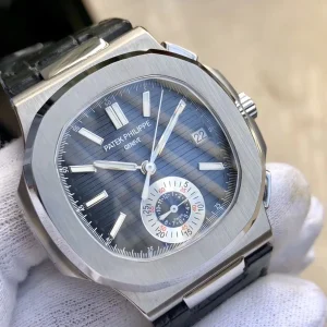 Swiss Patek Philippe Nautilus 5980/1A-001 Replica 40.5mm Blue Gray Embossed Dial Black Leather Strap Watch Dial detail 1
