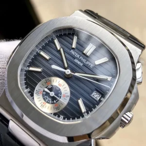 Swiss Patek Philippe Nautilus 5980/1A-001 Replica 40.5mm Blue Gray Embossed Dial Black Leather Strap Watch Dial detail 2