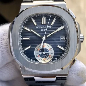 Swiss Patek Philippe Nautilus 5980/1A-001 Replica 40.5mm Blue Gray Embossed Dial Black Leather Strap Watch Front view