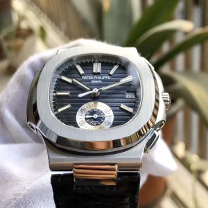 Swiss Patek Philippe Nautilus 5980/1A-001 Replica 40.5mm Blue Gray Embossed Dial Black Leather Strap Watch Side view of dial
