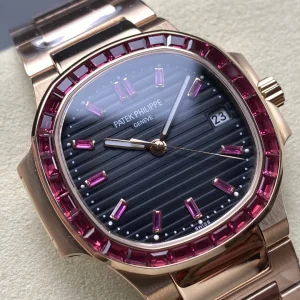 AAAAA Patek Philippe Nautilus 5723/112R-001 Replica Gray Horizontal Dial Ruby Hour Markers Baguette Ruby Bezel Watch Dial Detail 1