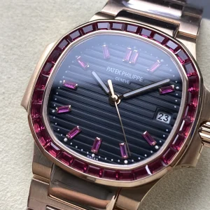 AAAAA Patek Philippe Nautilus 5723/112R-001 Replica Gray Horizontal Dial Ruby Hour Markers Baguette Ruby Bezel Watch Dial Detail 2