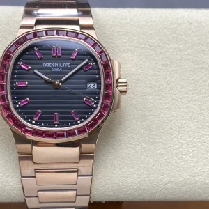 AAAAA Patek Philippe Nautilus 5723/112R-001 Replica Gray Horizontal Dial Ruby Hour Markers Baguette Ruby Bezel Watch Front View