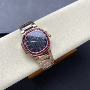 AAAAA Patek Philippe Nautilus 5723/112R-001 Replica Gray Horizontal Dial Ruby Hour Markers Baguette Ruby Bezel Watch Dial Detail 1
