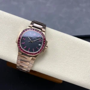 AAAAA Patek Philippe Nautilus 5723/112R-001 Replica Gray Horizontal Dial Ruby Hour Markers Baguette Ruby Bezel Watch Dial Detail 2