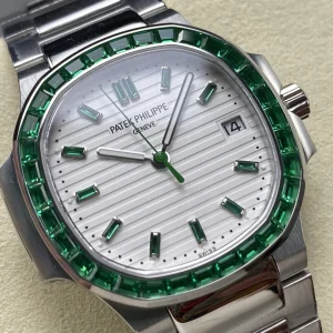 AAAAA Replica Patek Philippe Nautilus 5711 White Dial Green Gemstone Bezel 40mm Automatic Stainless Steel Luxury Watch Dial Detail
