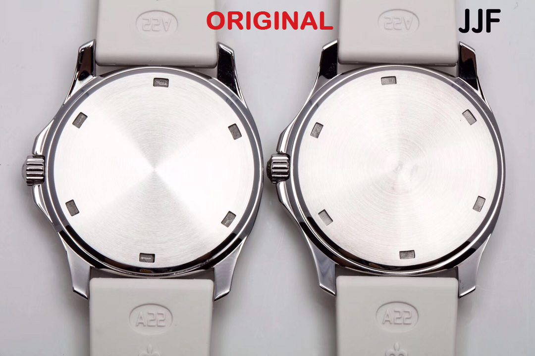 Aquanaut Luce 5067A-011 original vs JJF replica case back comparison showing the brushed back cover, screw positions, strap connection, and rear case shape.