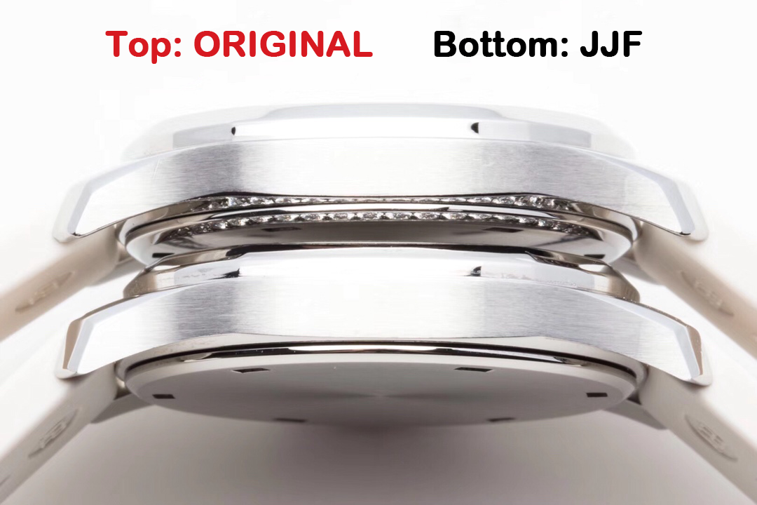 Aquanaut Luce 5067A-011 original vs JJF replica side profile comparison showing case thickness, bezel height, lugs, and overall case layering.