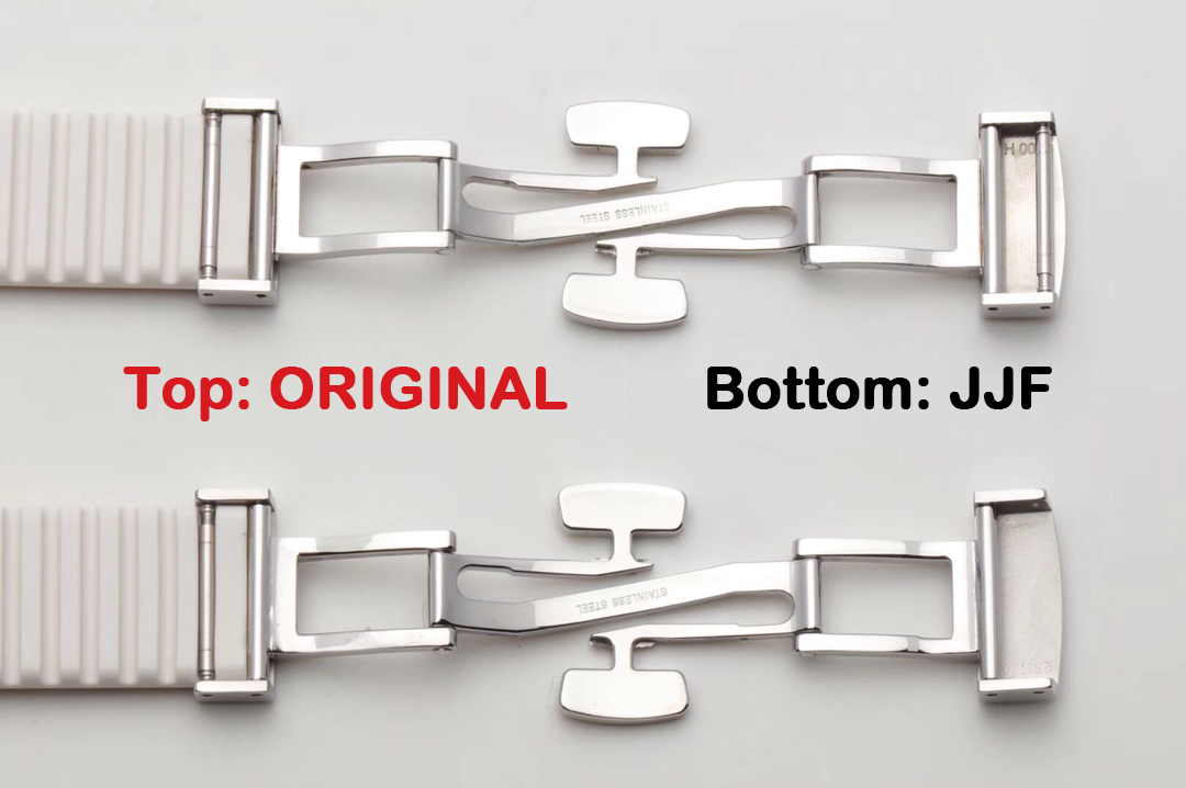 Aquanaut Luce 5067A-011 original vs JJF replica clasp back comparison showing the reverse side of the folding clasp, connector structure, engraving, and finishing details.