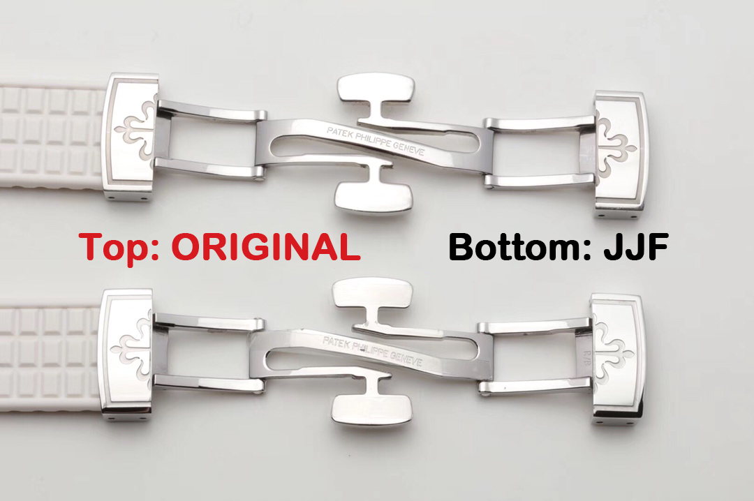 Aquanaut Luce 5067A-011 original vs JJF replica clasp front comparison showing the folding clasp shape, engraved branding, metal finish, and strap attachment.