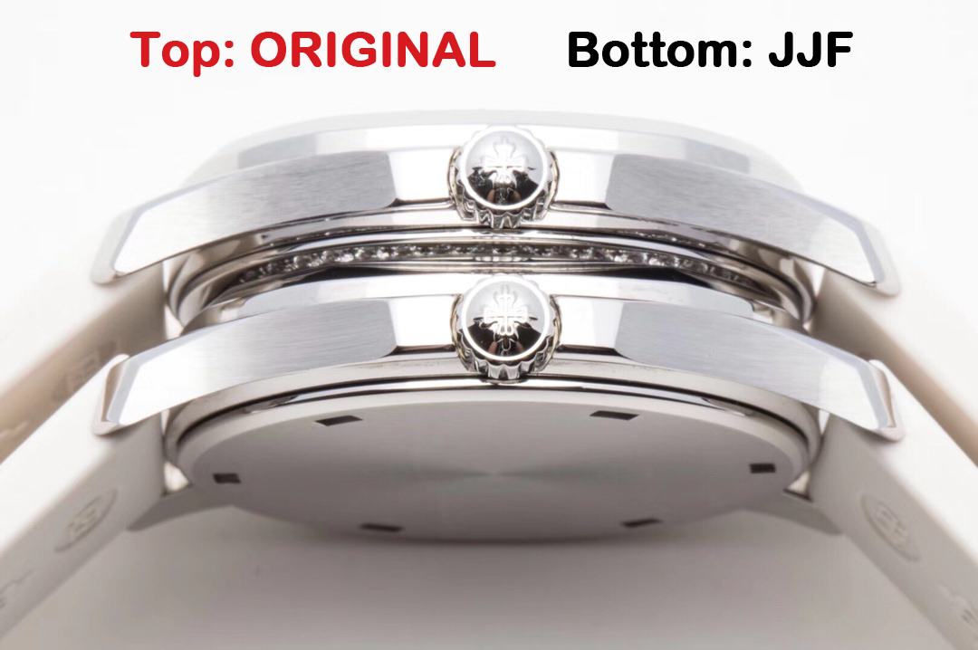 Aquanaut Luce 5067A-011 original vs JJF replica crown-side comparison showing the crown position, case profile, polished edges, and side finishing.