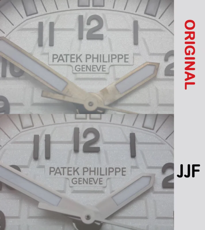 Aquanaut Luce 5067A-011 original vs JJF replica dial logo comparison highlighting the Patek Philippe Genève text, numeral markers, and dial texture.