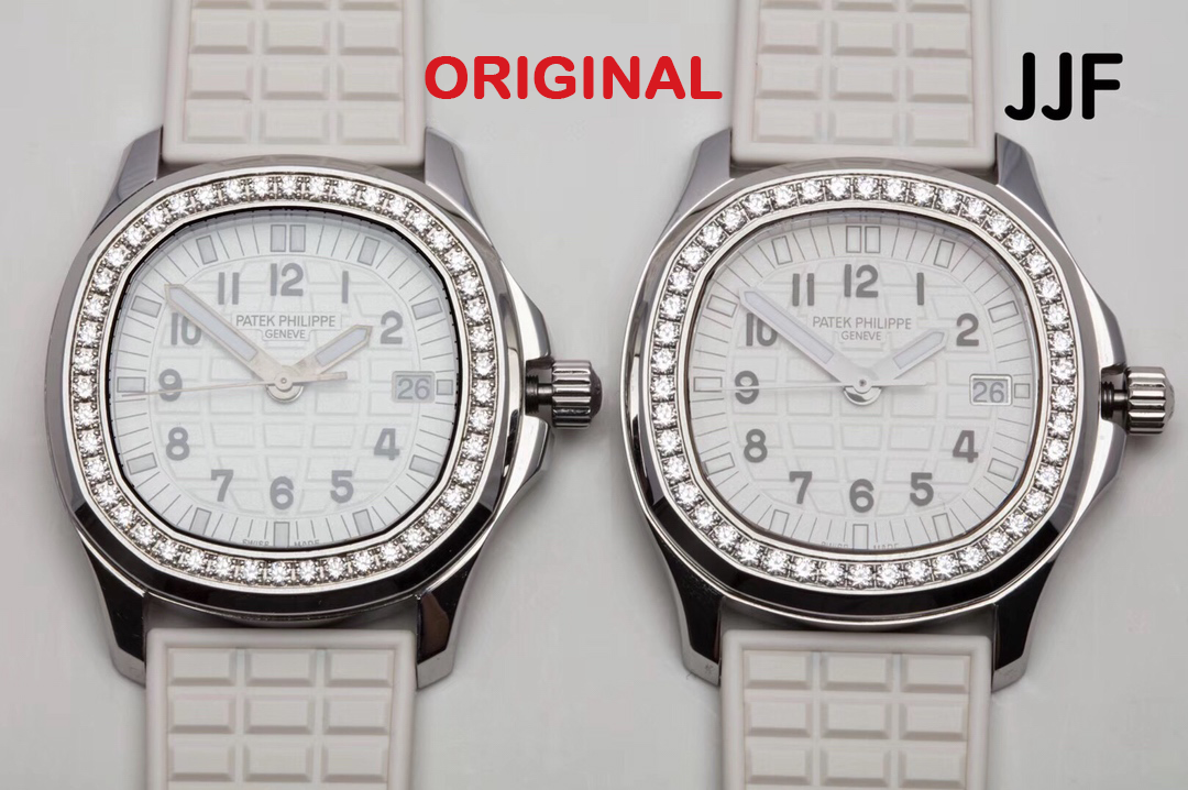 Aquanaut Luce 5067A-011 original vs JJF replica front view comparison showing the dial, diamond-set bezel, case shape, crown, and white rubber strap.