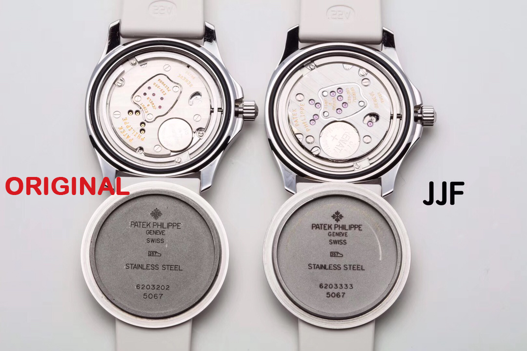 Aquanaut Luce 5067A-011 original vs JJF replica movement and inner case back comparison, showing the movement layout, jewel placement, engraved markings, case back text, and finishing differences.