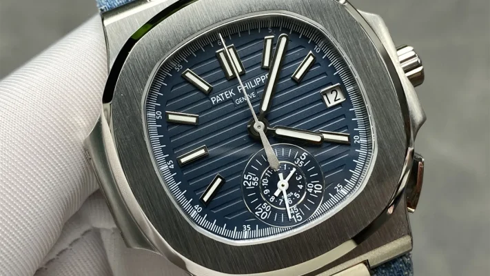 Luxury AAAAA Patek Philippe Nautilus 5980/60G-001 Replica Opaline Blue-Gray Horizontal Embossed Dial 40.5mm Men's Watch Dial Close-up