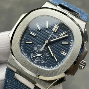 Luxury AAAAA Patek Philippe Nautilus 5980/60G-001 Replica Opaline Blue-Gray Horizontal Embossed Dial 40.5mm Men's Watch Dial Detail