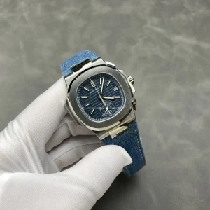 Luxury AAAAA Patek Philippe Nautilus 5980/60G-001 Replica Opaline Blue-Gray Horizontal Embossed Dial 40.5mm Men's Watch Side Profile Of The Dial