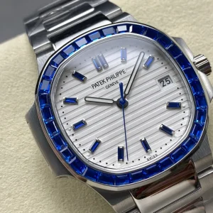 Luxury Patek Philippe Nautilus 5711 Replica 40mm White Embossed Dial Blue Sapphire Bezel Stainless Steel Case Watch Dial Detail