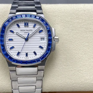 Luxury Patek Philippe Nautilus 5711 Replica 40mm White Embossed Dial Blue Sapphire Bezel Stainless Steel Case Watch Front View