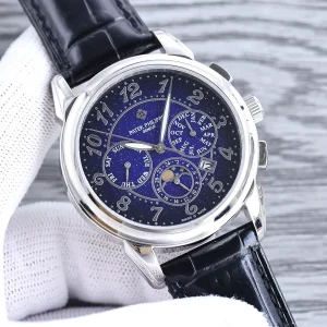 Patek Philippe Grand Complications Replica 42mm Blue Starry Dial Moonphase Calendar Black Calfskin Strap Watch Front View