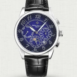 Patek Philippe Grand Complications Replica 42mm Blue Starry Dial Moonphase Calendar Black Calfskin Strap Watch Main Image