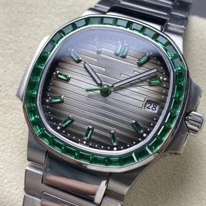 Patek Philippe Nautilus 5711/113P-001 Replica Sunburst Charcoal Dial Baguette Green Gemstone Bezel 40mm Super Clone Watch Dial Detail