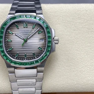 Patek Philippe Nautilus 5711/113P-001 Replica Sunburst Charcoal Dial Baguette Green Gemstone Bezel 40mm Super Clone Watch Front View