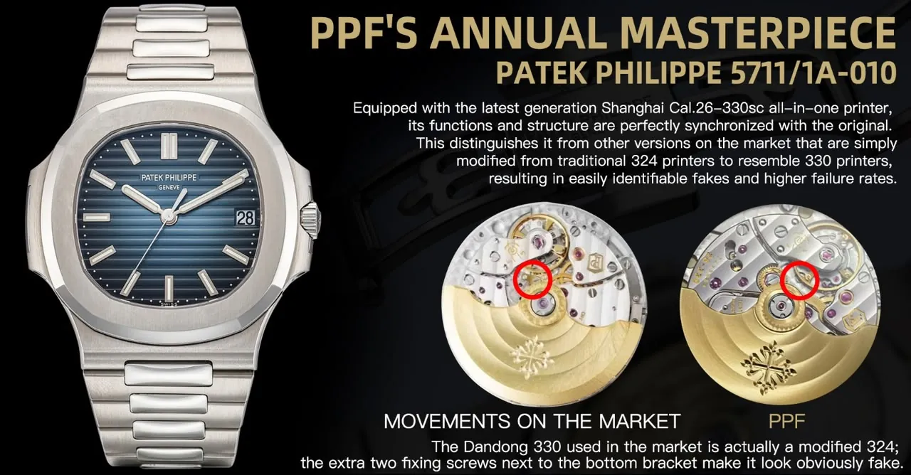 PPF Cal.330 integrated movement for the Patek Philippe 5711/1A-010, compared with a modified Cal.324 movement.