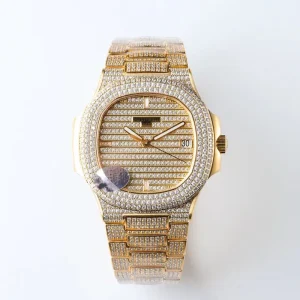 Replica Patek Philippe Nautilus 5719/1G-001 40mm Gold Paved Diamond Dial Automatic Watch Front View