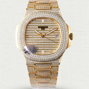 Replica Patek Philippe Nautilus 5719/1G-001 40mm Gold Paved Diamond Dial Automatic Watch Main Image