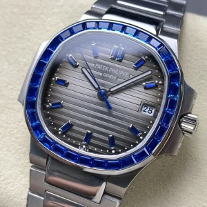Super Clone Luxury Patek Philippe Nautilus 5711/111P-001 Replica Charcoal Grey Dial Blue Gemstone Bezel 40mm Watch Dial Detail