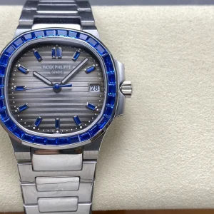 Super Clone Luxury Patek Philippe Nautilus 5711/111P-001 Replica Charcoal Grey Dial Blue Gemstone Bezel 40mm Watch Front View