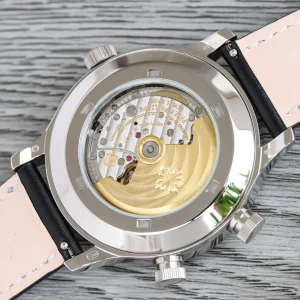 Super Clone Patek Philippe Calatrava 5524G Replica Pilot Travel Time 42mm Black Dial Black Leather Strap Dual Time Watch Case Back