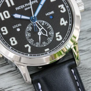 Super Clone Patek Philippe Calatrava 5524G Replica Pilot Travel Time 42mm Black Dial Black Leather Strap Dual Time Watch Dial Close Up 2
