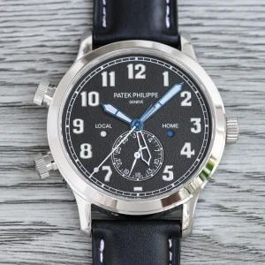 Super Clone Patek Philippe Calatrava 5524G Replica Pilot Travel Time 42mm Black Dial Black Leather Strap Dual Time Watch Front View