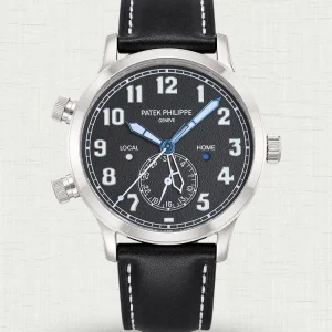 Super Clone Patek Philippe Calatrava 5524G Replica Pilot Travel Time 42mm Black Dial Black Leather Strap Dual Time Watch Image