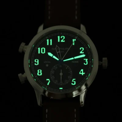 Super Clone Patek Philippe Calatrava 5524G Replica Pilot Travel Time 42mm Black Dial Black Leather Strap Dual Time Watch Lume shot