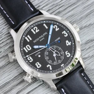 Super Clone Patek Philippe Calatrava 5524G Replica Pilot Travel Time 42mm Black Dial Black Leather Strap Dual Time Watch Side Profile Of The Dial 1