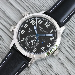 Super Clone Patek Philippe Calatrava 5524G Replica Pilot Travel Time 42mm Black Dial Black Leather Strap Dual Time Watch Side Profile Of The Dial 2