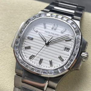 Super Clone Patek Philippe Nautilus 5711/110P-010 Replica 40mm White Embossed Dial Baguette Diamond Markers Diamond Bezel Watch Dial Detail