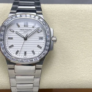 Super Clone Patek Philippe Nautilus 5711/110P-010 Replica 40mm White Embossed Dial Baguette Diamond Markers Diamond Bezel Watch Front View