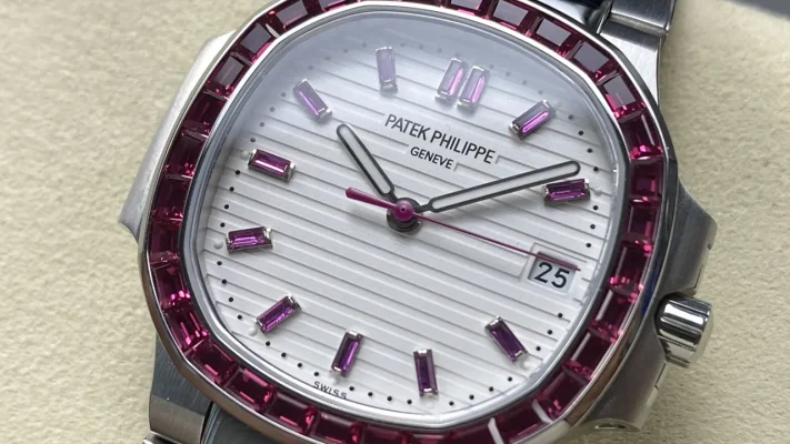 Super Clone Patek Philippe Nautilus 5711/110P-010 Replica 40mm White Embossed Dial Ruby Baguette Bezel Watch Dial Close-up