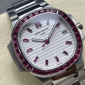 Super Clone Patek Philippe Nautilus 5711/110P-010 Replica 40mm White Embossed Dial Ruby Baguette Bezel Watch Dial Detail
