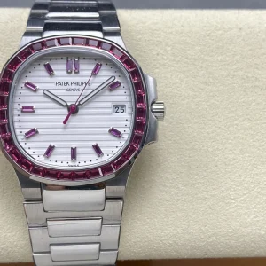 Super Clone Patek Philippe Nautilus 5711/110P-010 Replica 40mm White Embossed Dial Ruby Baguette Bezel Watch Front View