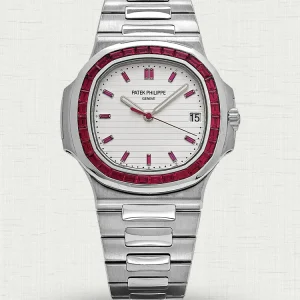 Super Clone Patek Philippe Nautilus 5711/110P-010 Replica 40mm White Embossed Dial Ruby Baguette Bezel Watch Main Image