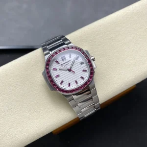 Super Clone Patek Philippe Nautilus 5711/110P-010 Replica 40mm White Embossed Dial Ruby Baguette Bezel Watch Side Profile Of The Dial 1