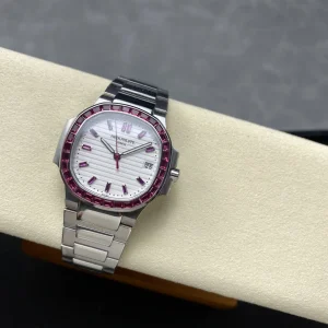 Super Clone Patek Philippe Nautilus 5711/110P-010 Replica 40mm White Embossed Dial Ruby Baguette Bezel Watch Side Profile Of The Dial 2