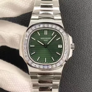 Super Clone Patek Philippe Nautilus 5711/1300A-001 Replica Olive Green Dial Diamond Bezel 904L Stainless Steel Bracelet 40mm Watch Front View
